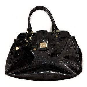 Liz Claiborne Black Patent Leather Embossed Satchel Handbag Gold Hardware